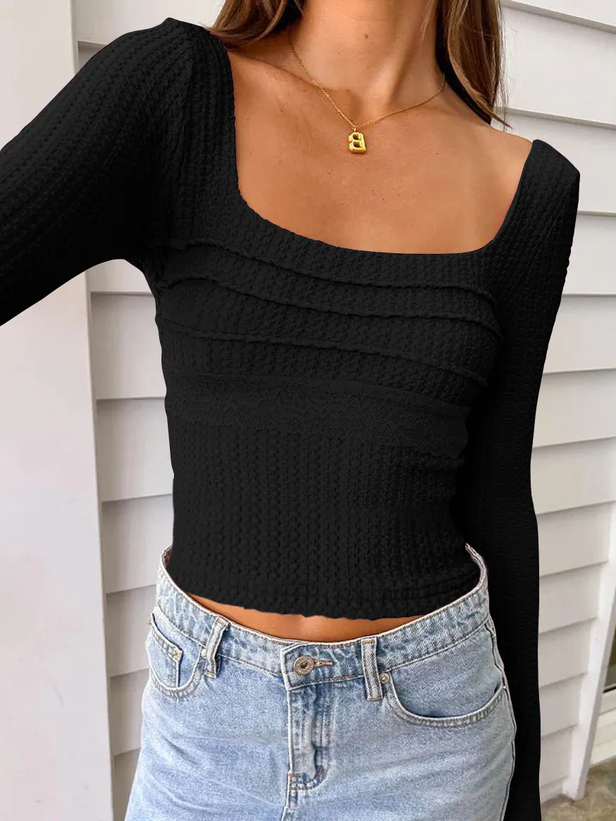 Style  Early Autumn Lace Stitching Back Strap Square Collar Long Sleeve T-shirt Sweet Hot Girl Trendy Slim Top display picture 38