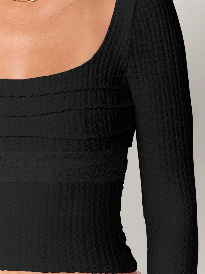 Style  Early Autumn Lace Stitching Back Strap Square Collar Long Sleeve T-shirt Sweet Hot Girl Trendy Slim Top display picture 39