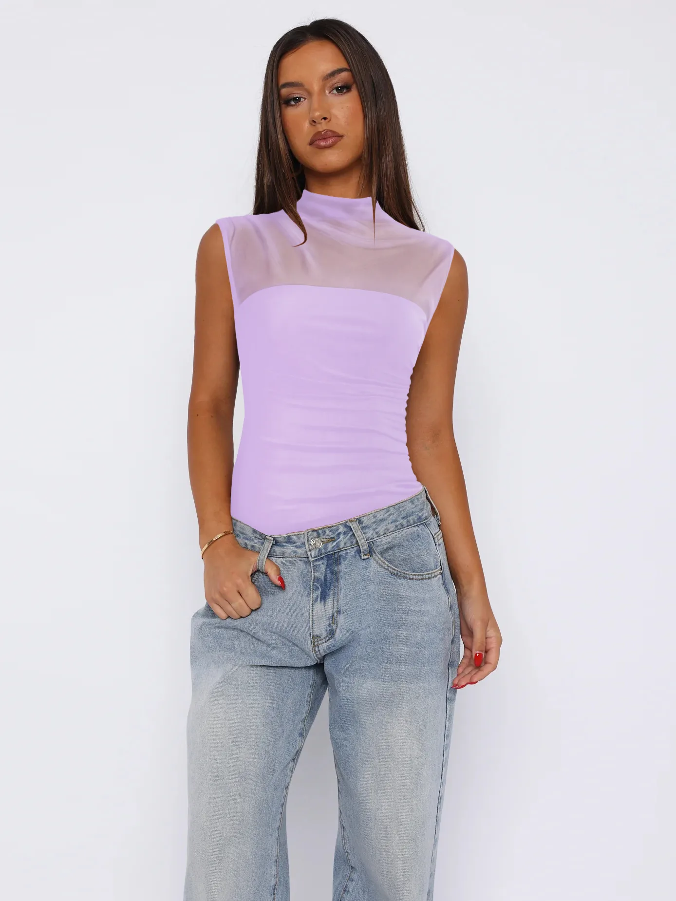 See-through Women's TK Summer Semi-high Collar Top Solid Color Mesh Hot Girl Style All-match Vest display picture 5