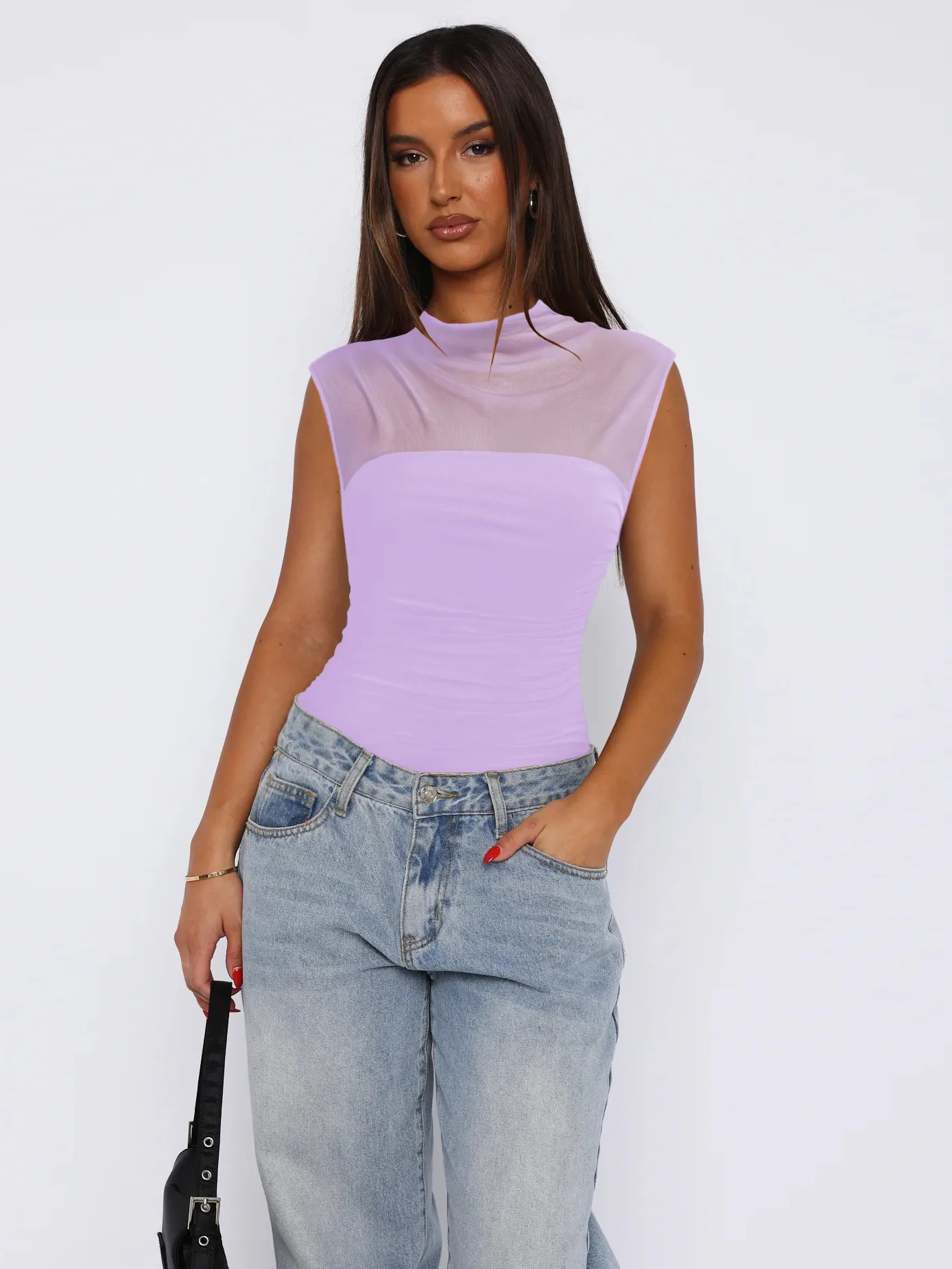 See-through Women's TK Summer Semi-high Collar Top Solid Color Mesh Hot Girl Style All-match Vest display picture 6