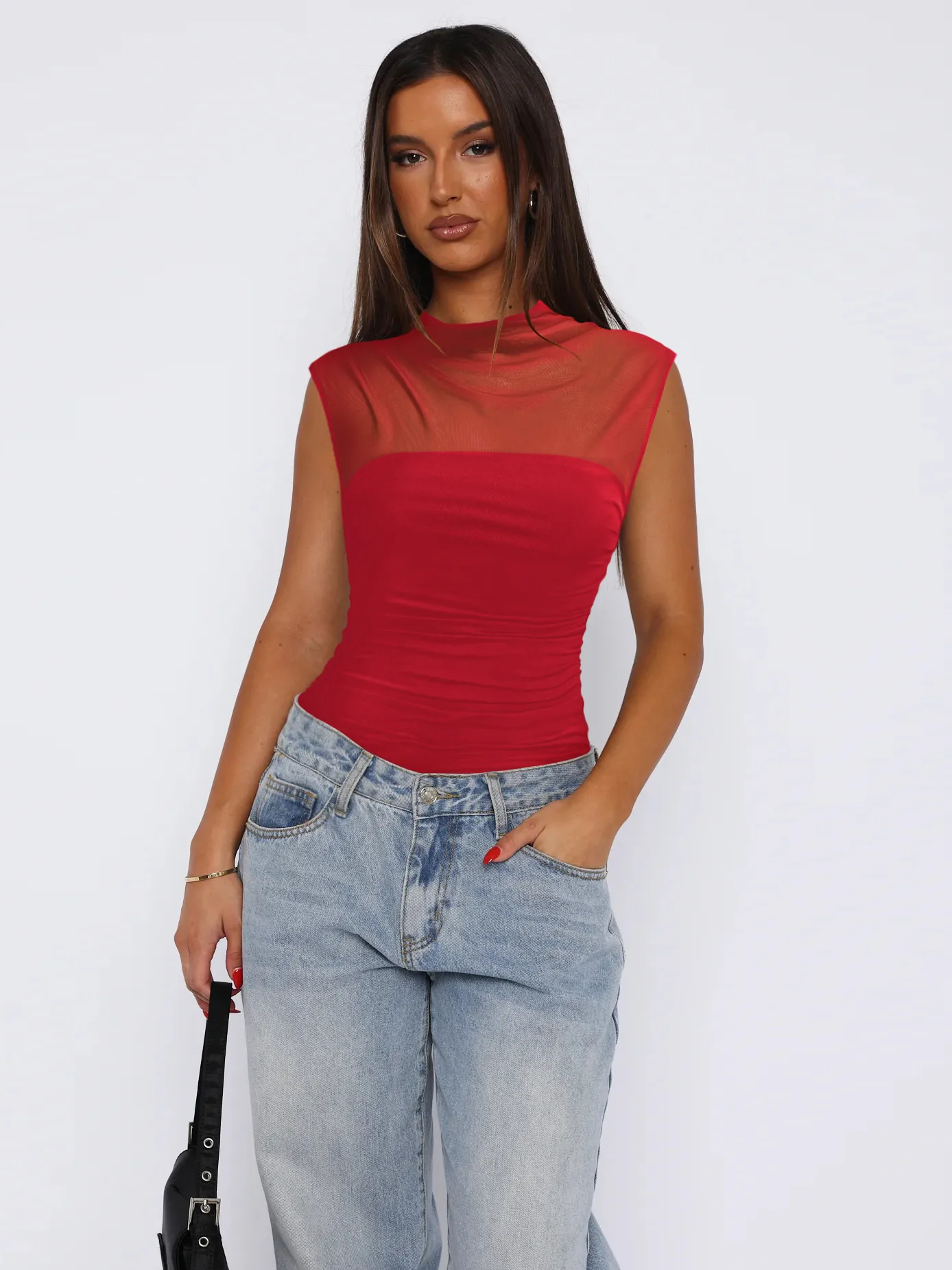 See-through Women's TK Summer Semi-high Collar Top Solid Color Mesh Hot Girl Style All-match Vest display picture 8