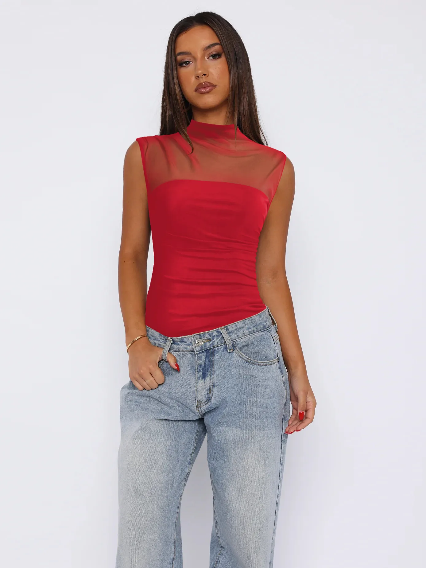 See-through Women's TK Summer Semi-high Collar Top Solid Color Mesh Hot Girl Style All-match Vest display picture 9