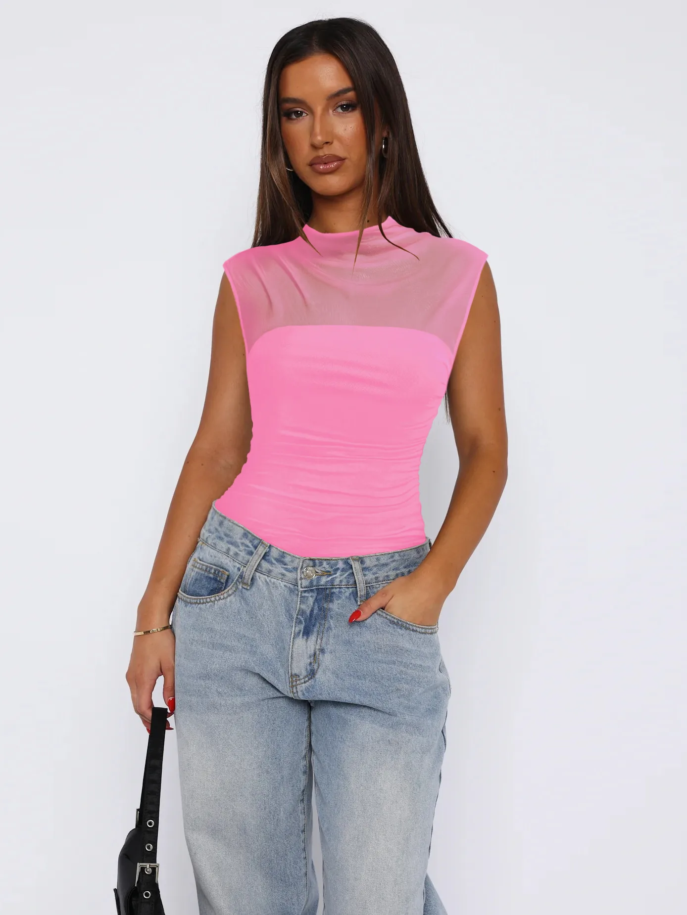 See-through Women's TK Summer Semi-high Collar Top Solid Color Mesh Hot Girl Style All-match Vest display picture 12