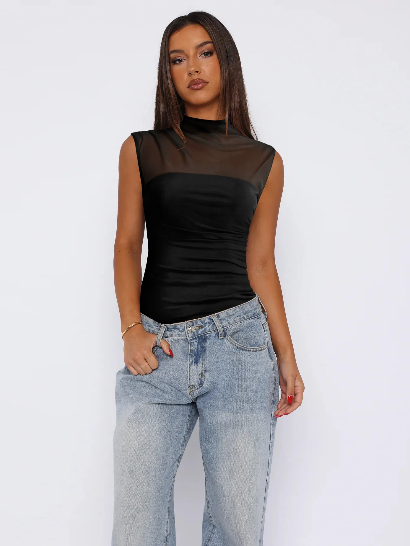 See-through Women's TK Summer Semi-high Collar Top Solid Color Mesh Hot Girl Style All-match Vest display picture 15