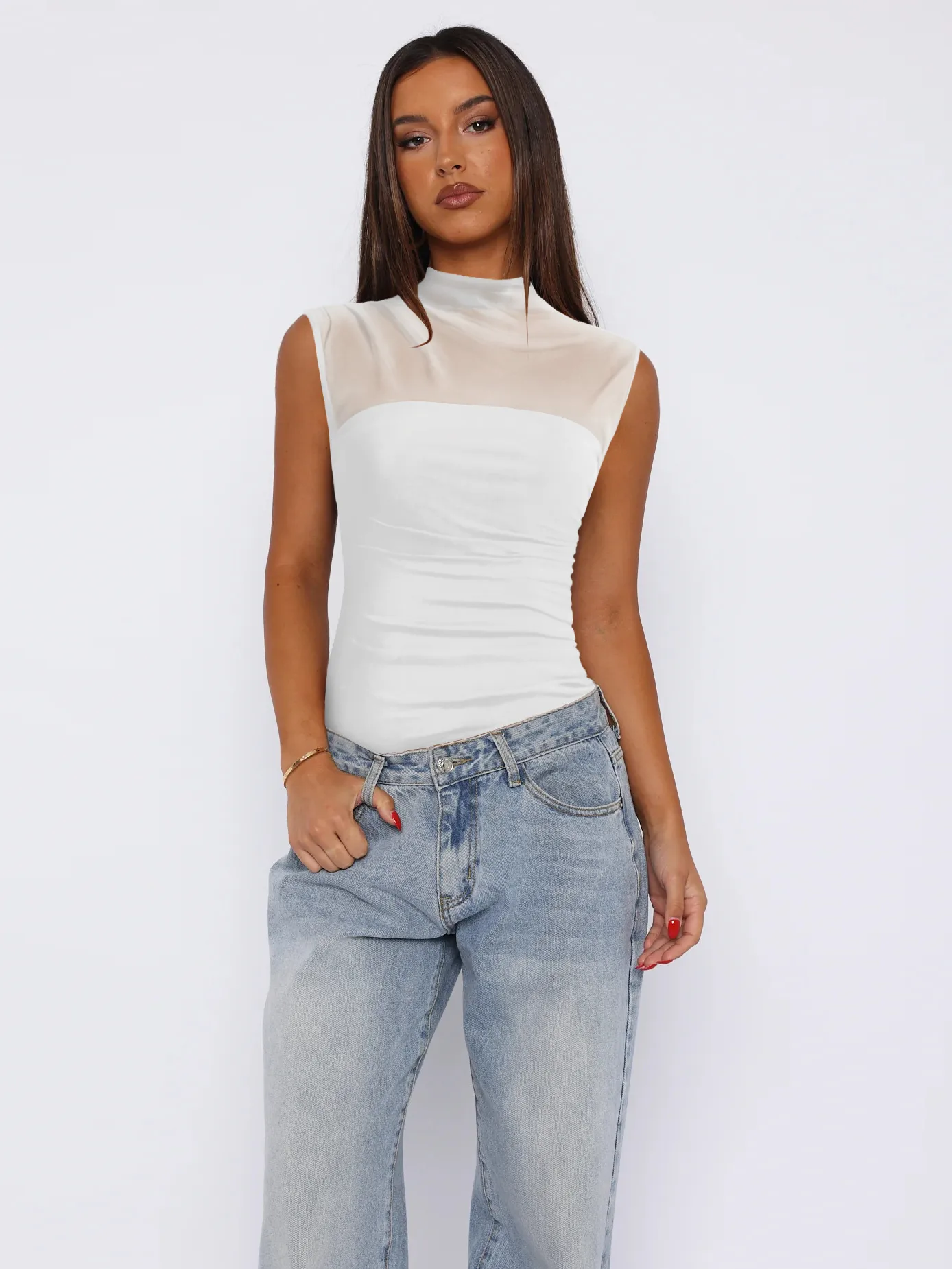 See-through Women's TK Summer Semi-high Collar Top Solid Color Mesh Hot Girl Style All-match Vest display picture 17