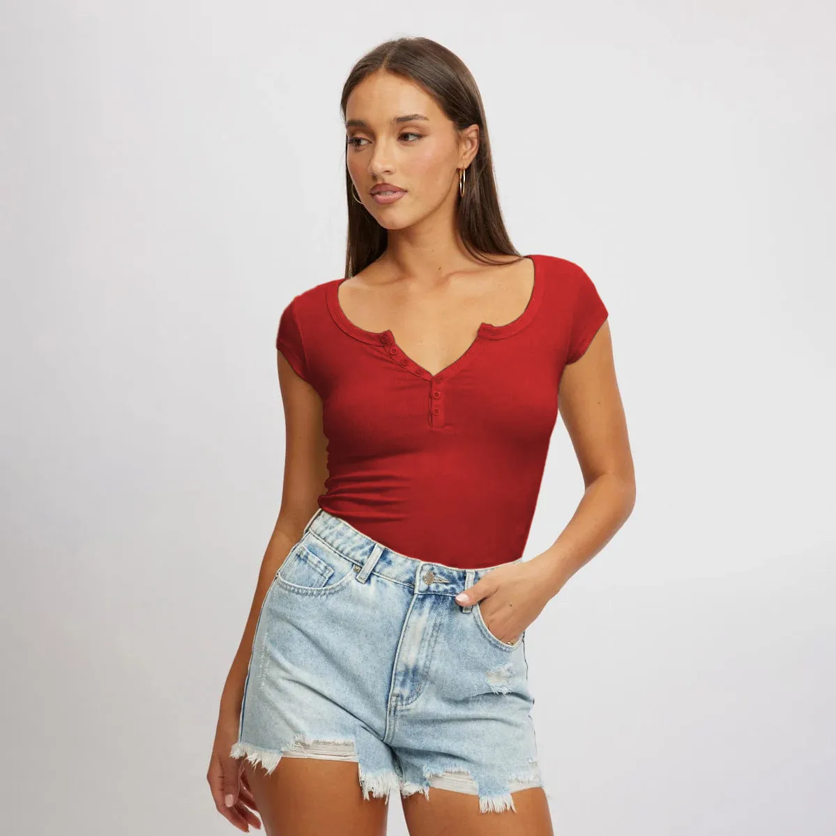 Women's New Hot Sale Solid Color Slim V-neck Short-sleeved Fashion Button Spice Girl T-shirt Top Women display picture 2