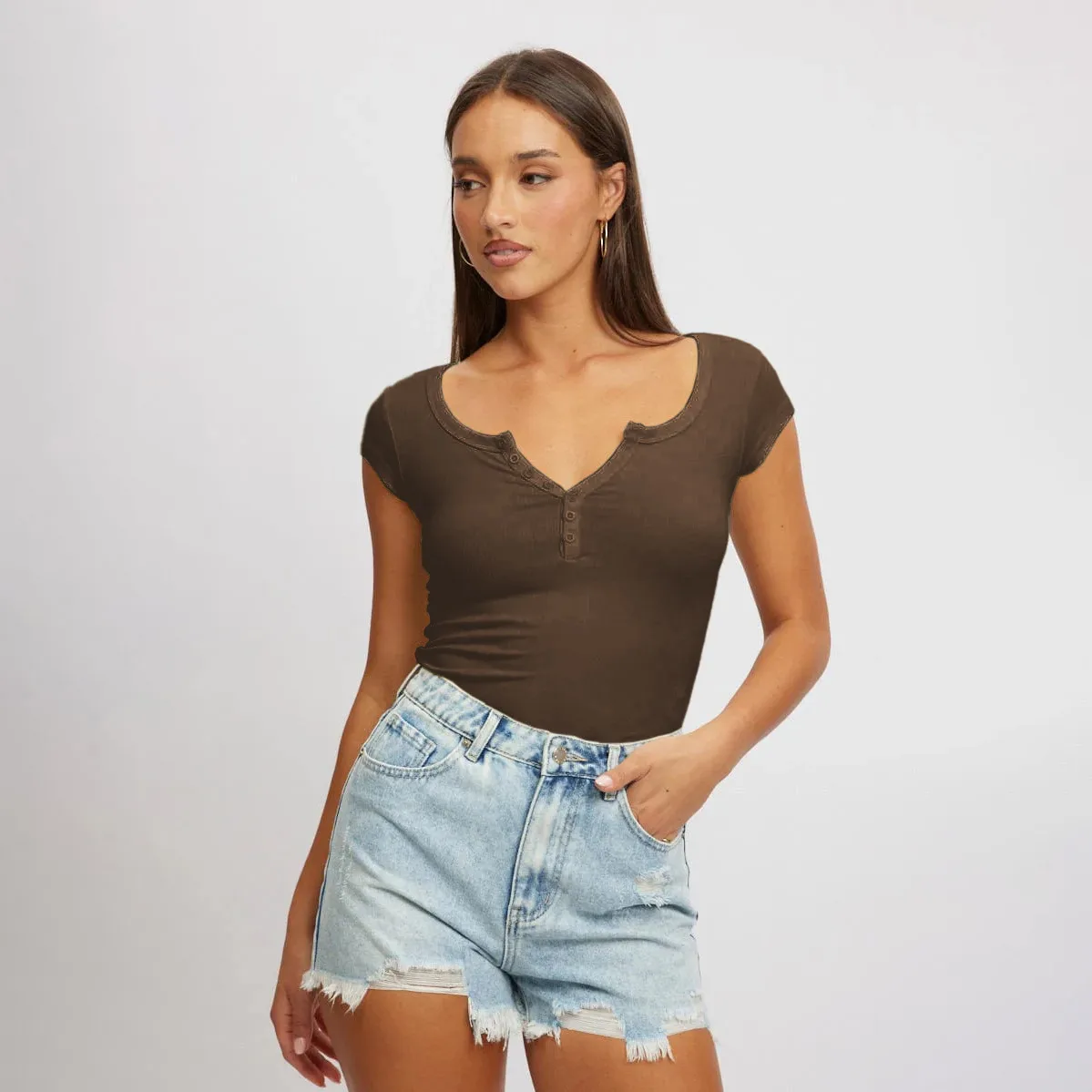 Women's New Hot Sale Solid Color Slim V-neck Short-sleeved Fashion Button Spice Girl T-shirt Top Women display picture 21