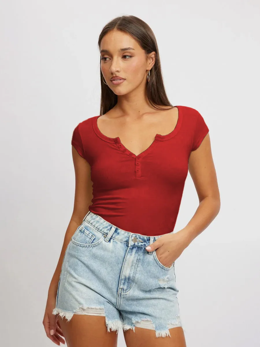 Women's New Hot Sale Solid Color Slim V-neck Short-sleeved Fashion Button Spice Girl T-shirt Top Women display picture 3