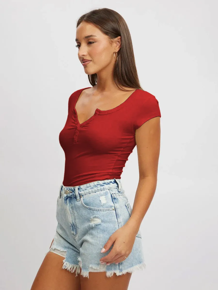 Women's New Hot Sale Solid Color Slim V-neck Short-sleeved Fashion Button Spice Girl T-shirt Top Women display picture 4