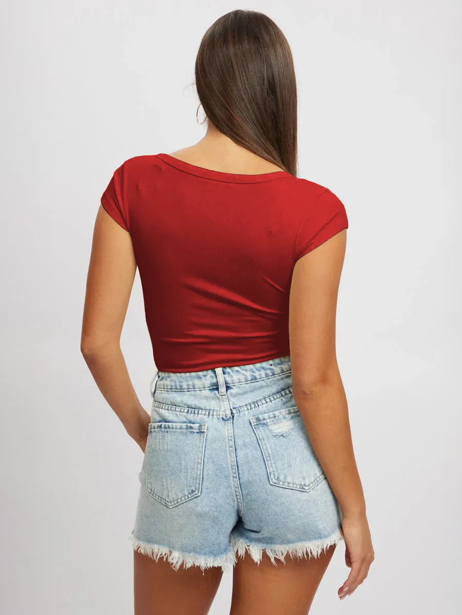 Women's New Hot Sale Solid Color Slim V-neck Short-sleeved Fashion Button Spice Girl T-shirt Top Women display picture 5