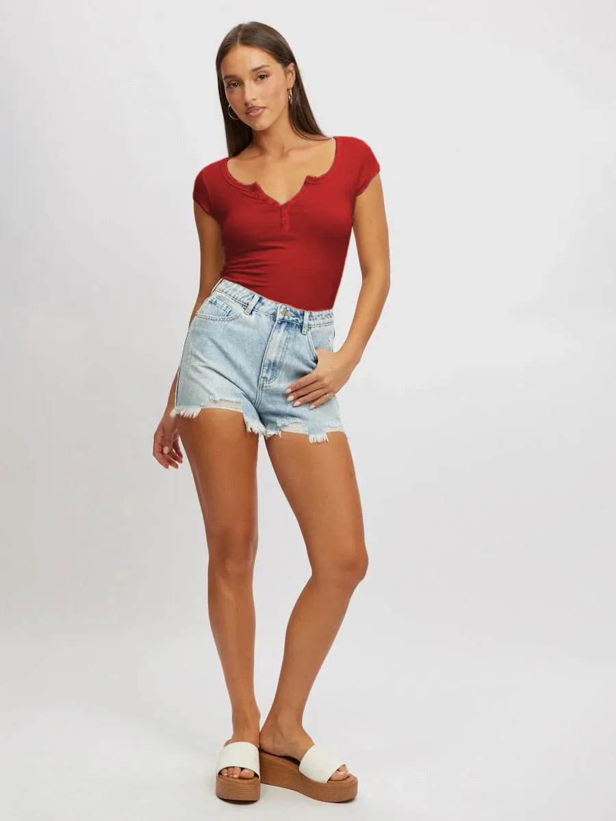 Women's New Hot Sale Solid Color Slim V-neck Short-sleeved Fashion Button Spice Girl T-shirt Top Women display picture 6