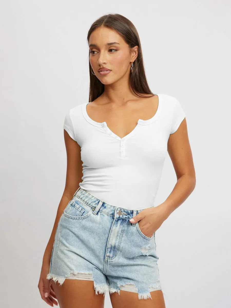 Women's New Hot Sale Solid Color Slim V-neck Short-sleeved Fashion Button Spice Girl T-shirt Top Women display picture 9