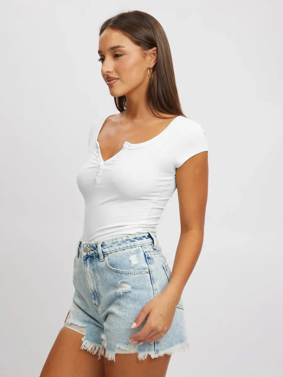 Women's New Hot Sale Solid Color Slim V-neck Short-sleeved Fashion Button Spice Girl T-shirt Top Women display picture 10