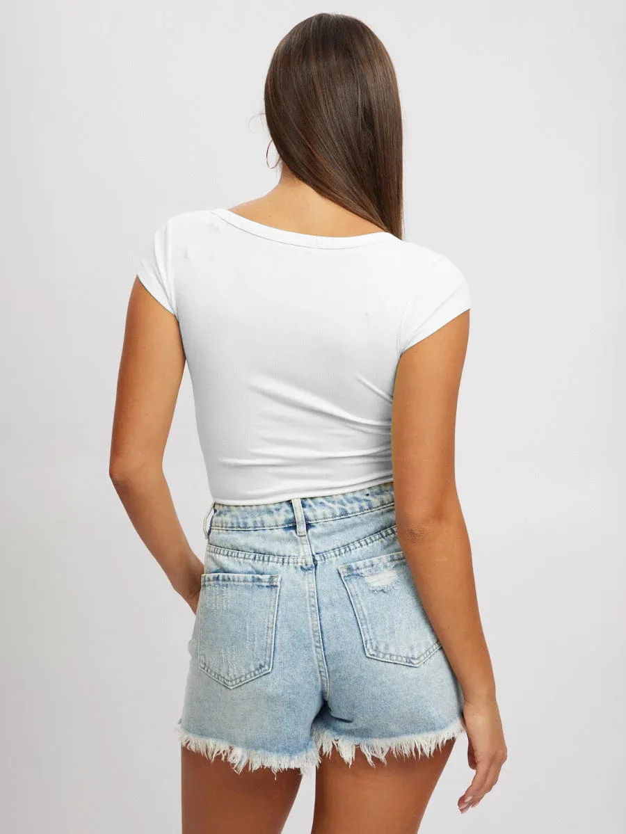 Women's New Hot Sale Solid Color Slim V-neck Short-sleeved Fashion Button Spice Girl T-shirt Top Women display picture 11