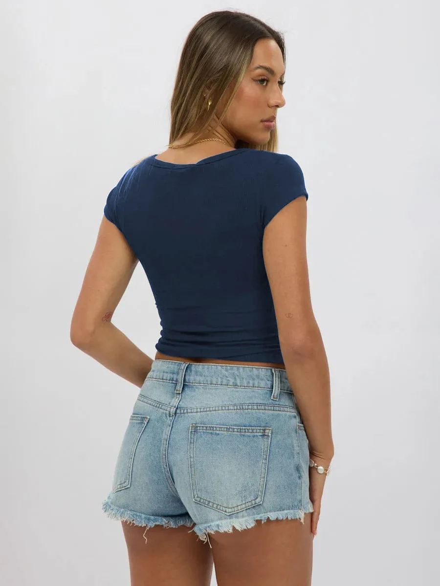 Women's New Hot Sale Solid Color Slim V-neck Short-sleeved Fashion Button Spice Girl T-shirt Top Women display picture 19