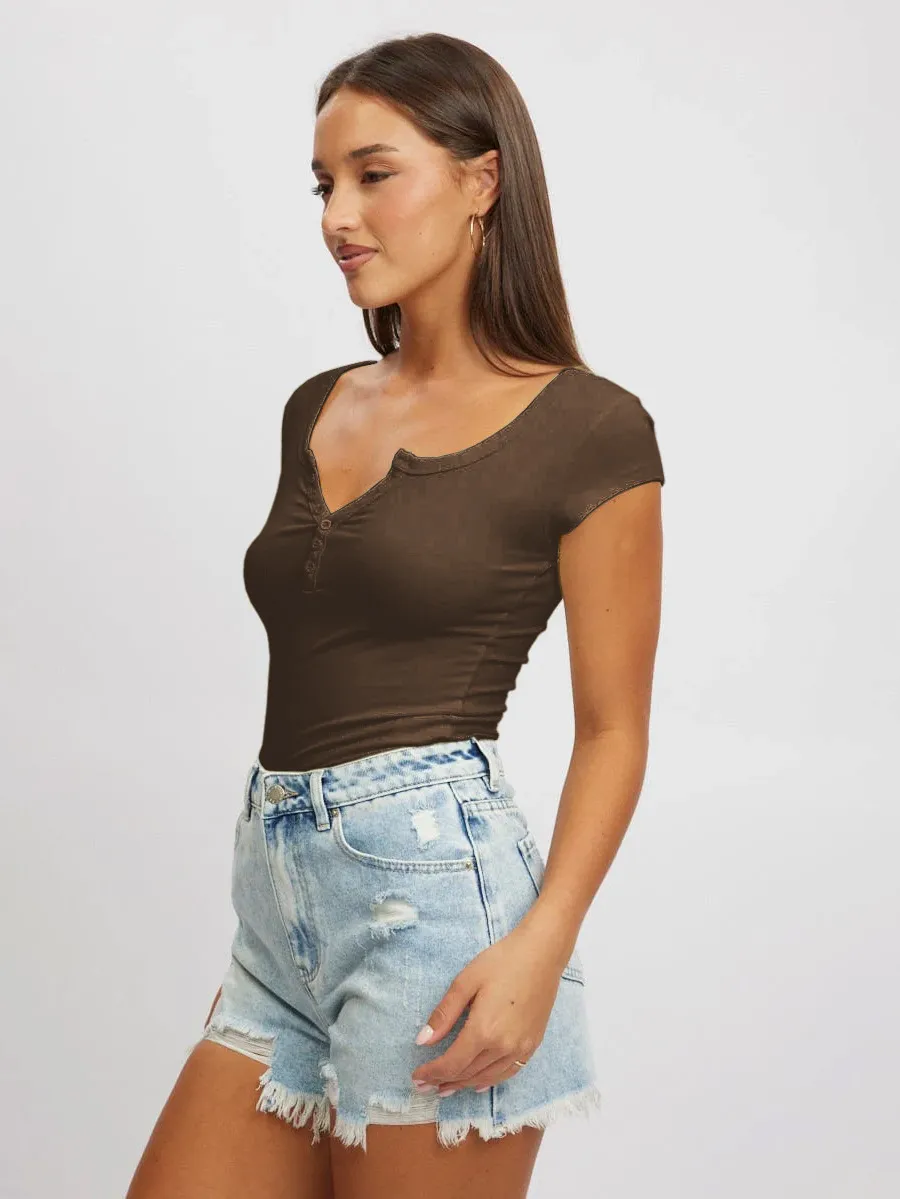 Women's New Hot Sale Solid Color Slim V-neck Short-sleeved Fashion Button Spice Girl T-shirt Top Women display picture 23