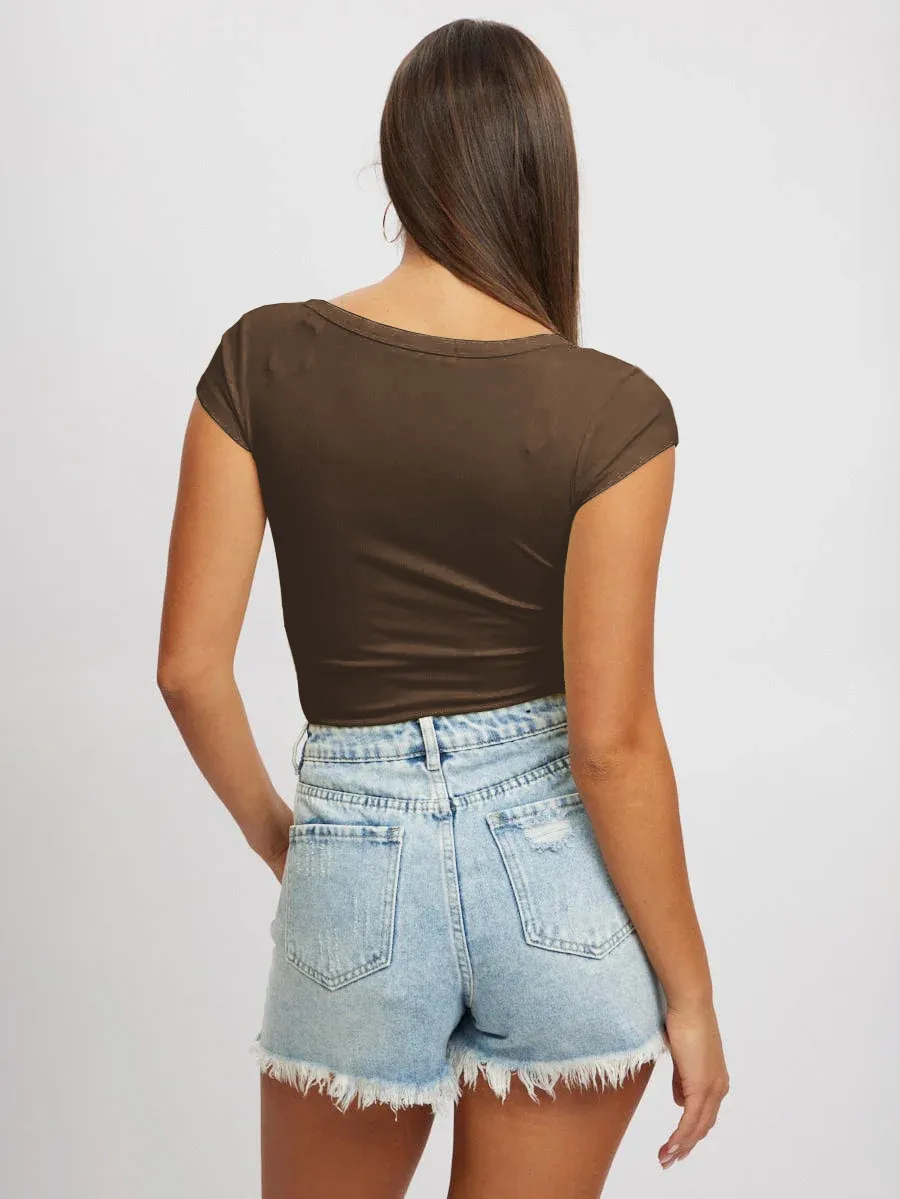 Women's New Hot Sale Solid Color Slim V-neck Short-sleeved Fashion Button Spice Girl T-shirt Top Women display picture 24