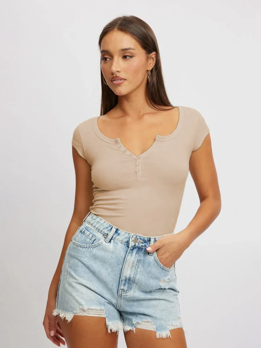 Women's New Hot Sale Solid Color Slim V-neck Short-sleeved Fashion Button Spice Girl T-shirt Top Women display picture 35