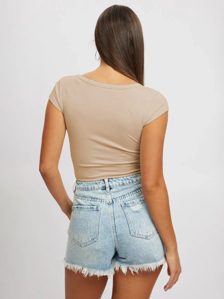 Women's New Hot Sale Solid Color Slim V-neck Short-sleeved Fashion Button Spice Girl T-shirt Top Women display picture 37