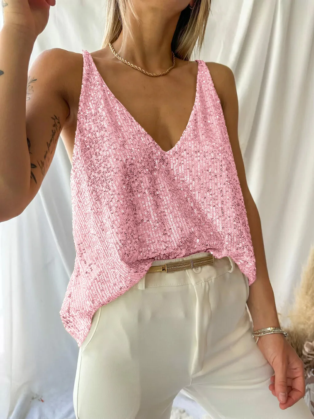 Heavy Embroidery Sequins Vest Loose Outer Wear Camisole Sexy V-neck New  Shiny Sleeveless Front And Back Wearable display picture 20