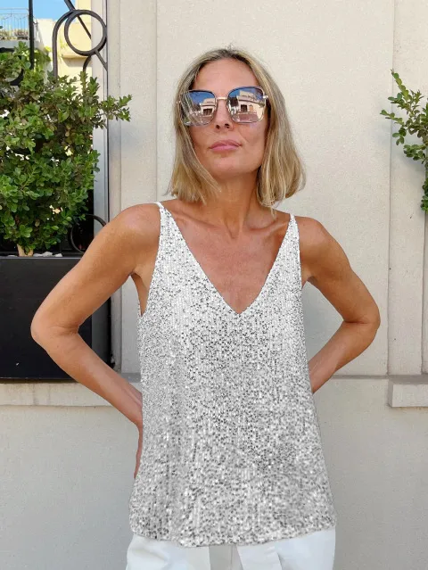 Heavy Embroidery Sequins Vest Loose Outer Wear Camisole Sexy V-neck New  Shiny Sleeveless Front And Back Wearable display picture 21