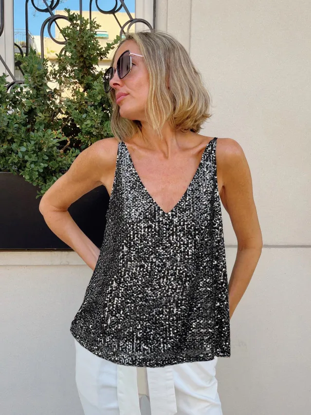 Heavy Embroidery Sequins Vest Loose Outer Wear Camisole Sexy V-neck New  Shiny Sleeveless Front And Back Wearable display picture 26