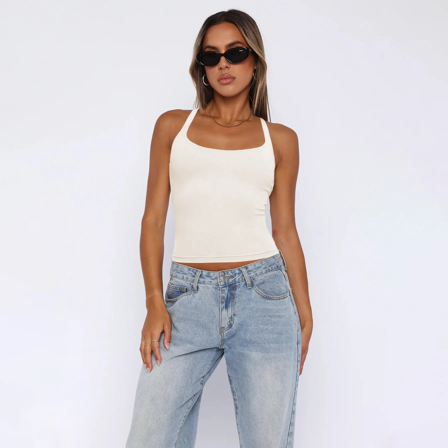 -style Women's  Fashion Elegant Slim-fit Square Collar Solid Color Large Backless Cross Shoulder Strap Yoga Vest Top display picture 2