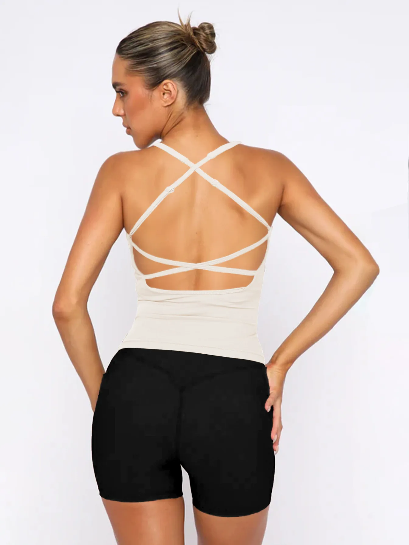 -style Women's  Fashion Elegant Slim-fit Square Collar Solid Color Large Backless Cross Shoulder Strap Yoga Vest Top display picture 5