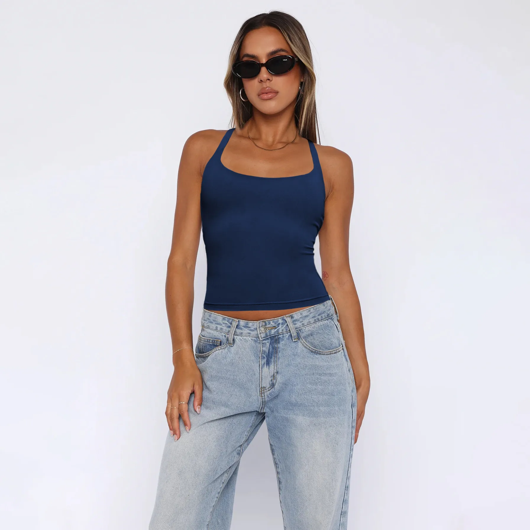 -style Women's  Fashion Elegant Slim-fit Square Collar Solid Color Large Backless Cross Shoulder Strap Yoga Vest Top display picture 16