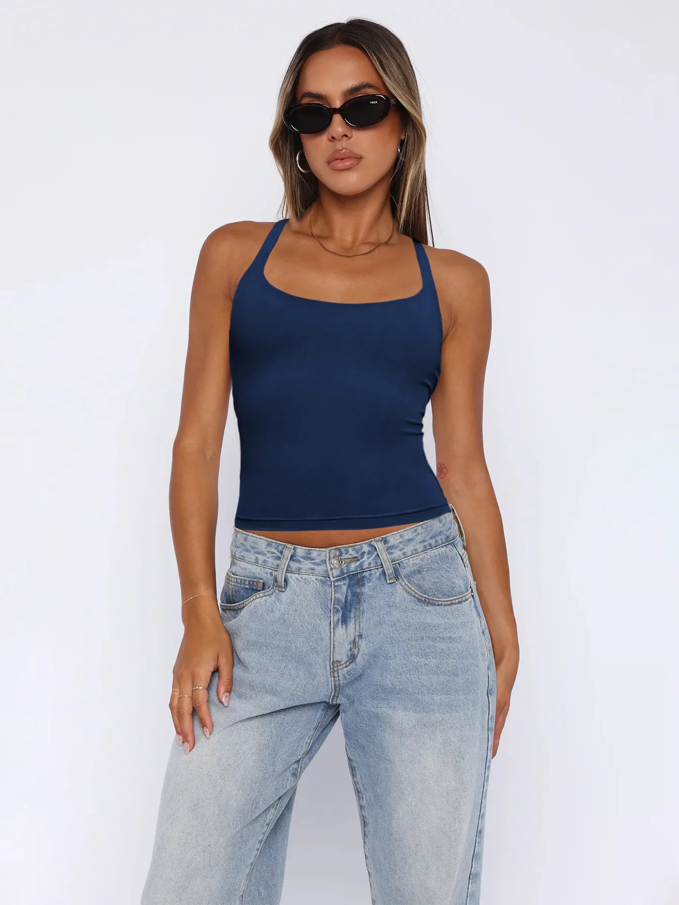 -style Women's  Fashion Elegant Slim-fit Square Collar Solid Color Large Backless Cross Shoulder Strap Yoga Vest Top display picture 17