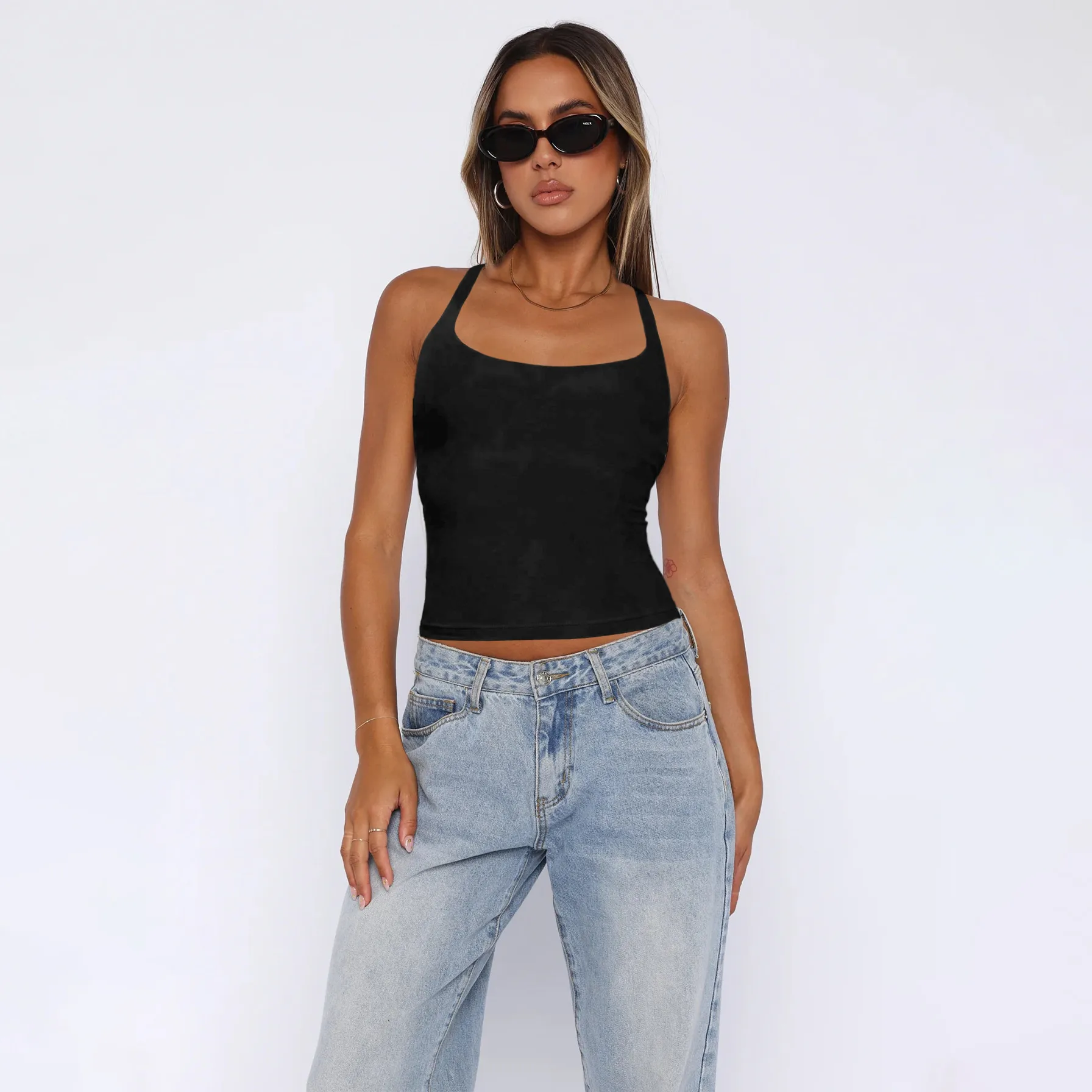 -style Women's  Fashion Elegant Slim-fit Square Collar Solid Color Large Backless Cross Shoulder Strap Yoga Vest Top display picture 23