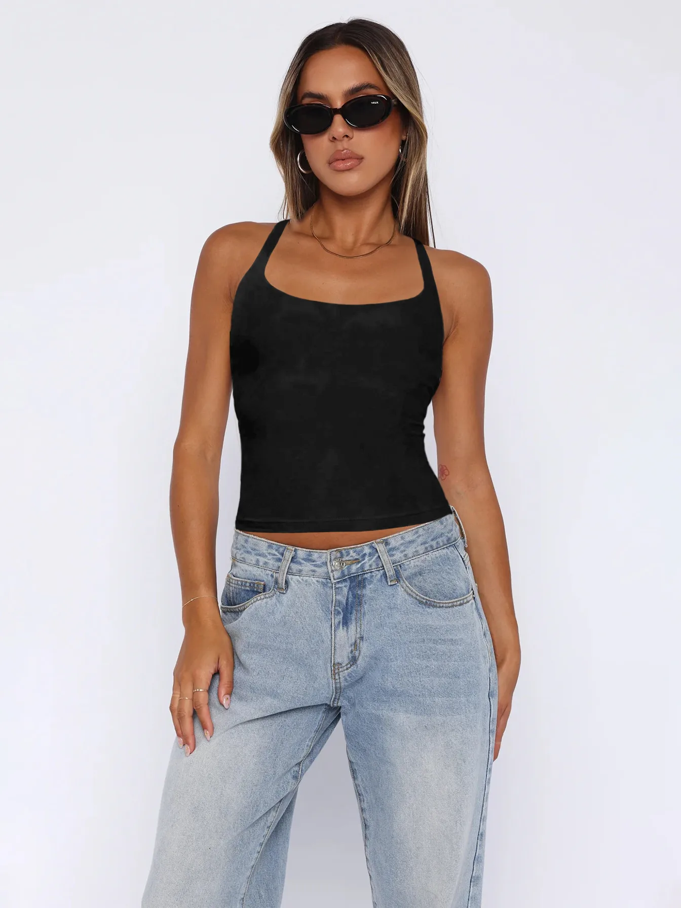 -style Women's  Fashion Elegant Slim-fit Square Collar Solid Color Large Backless Cross Shoulder Strap Yoga Vest Top display picture 24