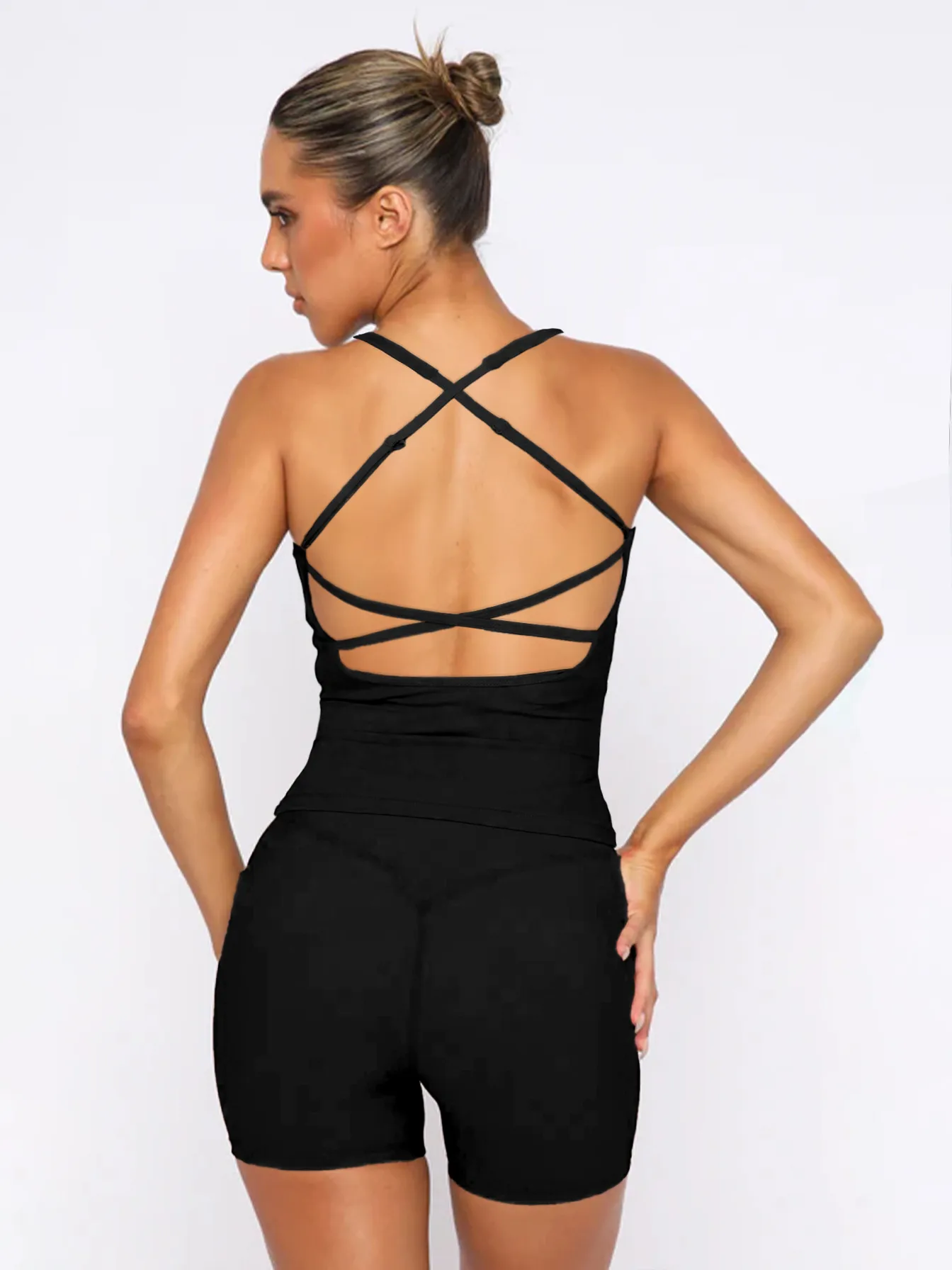 -style Women's  Fashion Elegant Slim-fit Square Collar Solid Color Large Backless Cross Shoulder Strap Yoga Vest Top display picture 26