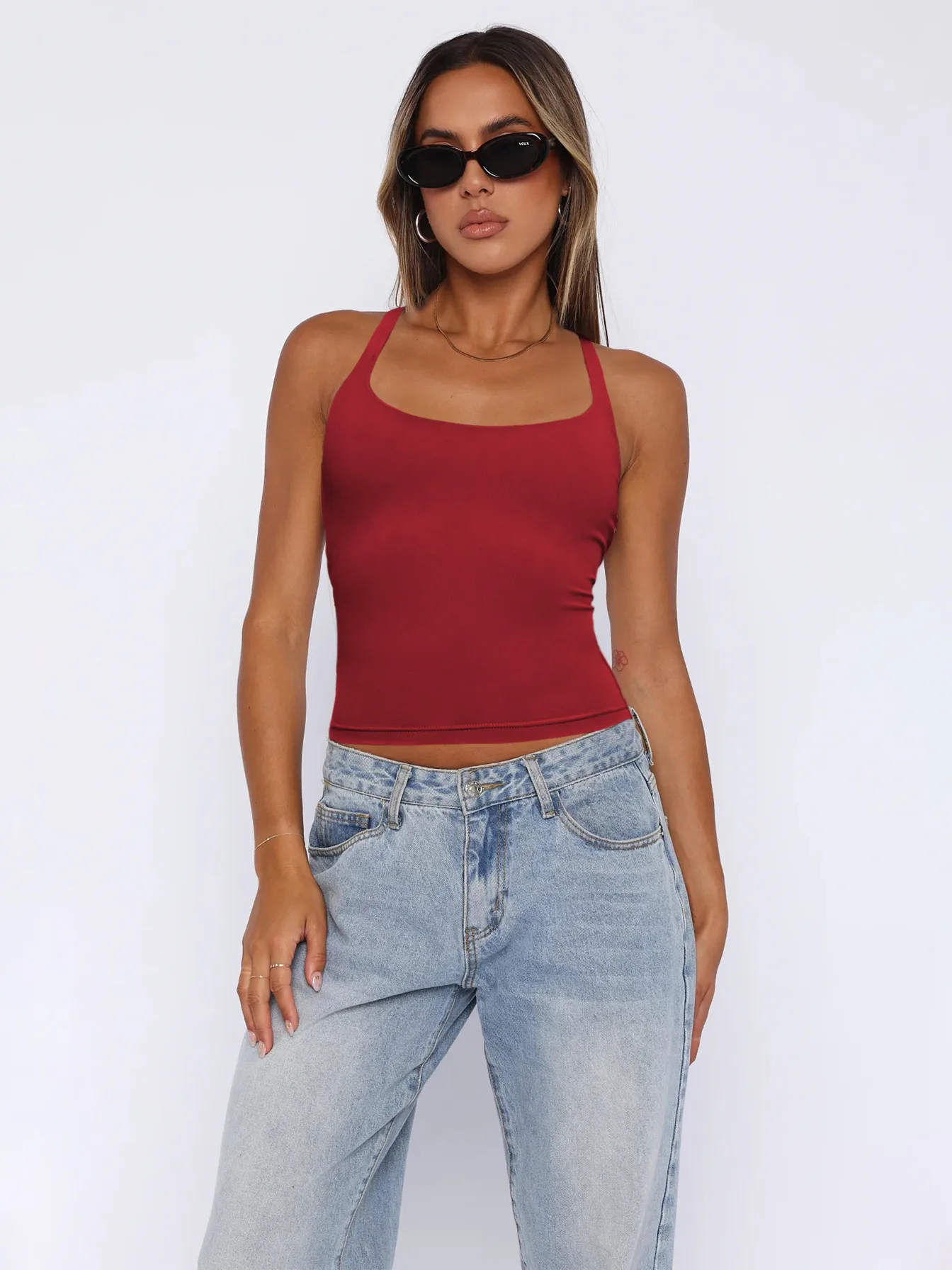 -style Women's  Fashion Elegant Slim-fit Square Collar Solid Color Large Backless Cross Shoulder Strap Yoga Vest Top display picture 30
