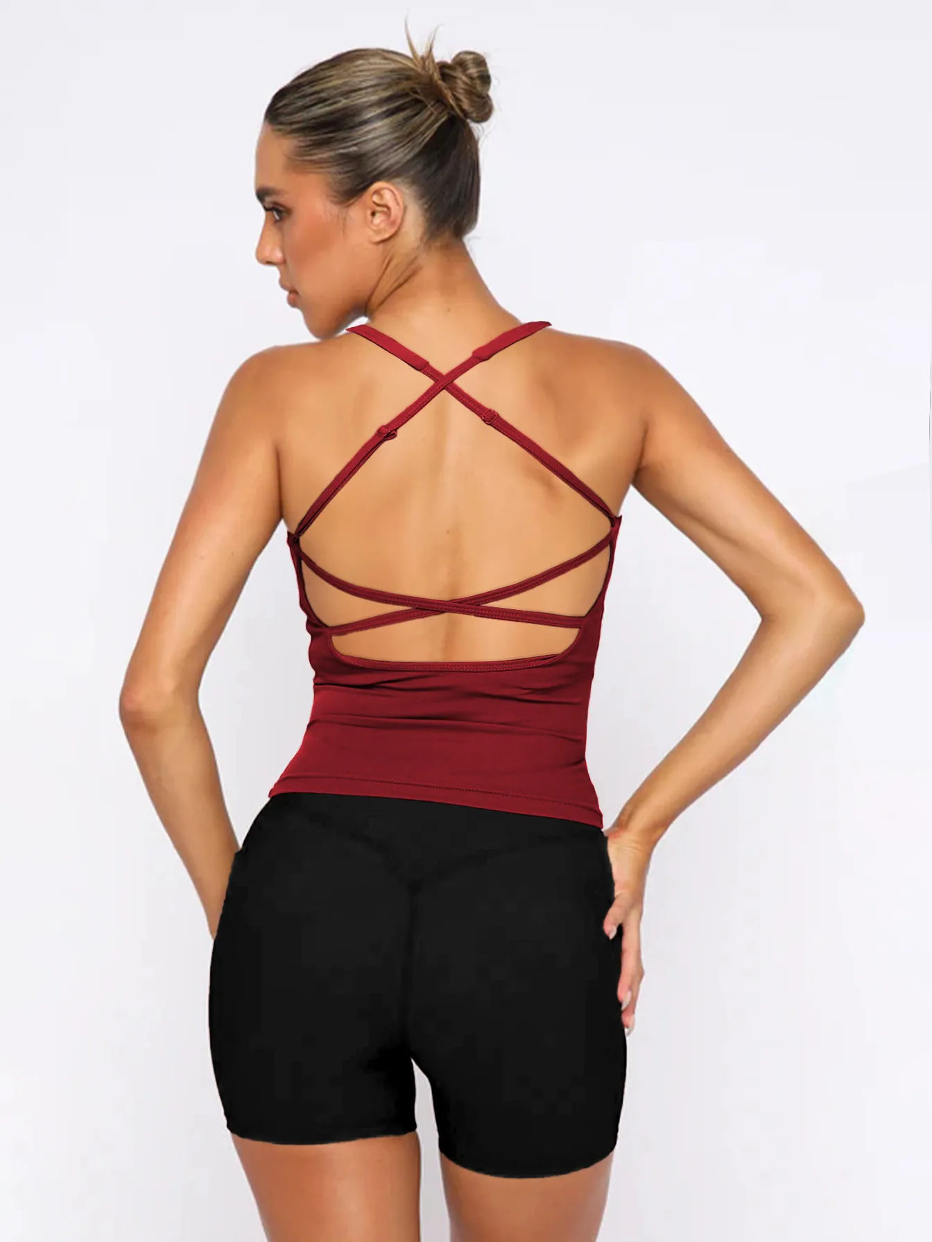 -style Women's  Fashion Elegant Slim-fit Square Collar Solid Color Large Backless Cross Shoulder Strap Yoga Vest Top display picture 32