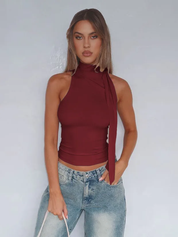 Style Personality Street Sexy Half Turtleneck Ribbon Comfortable Cold-Shoulder Elegant Elegant Vest For Women display picture 5