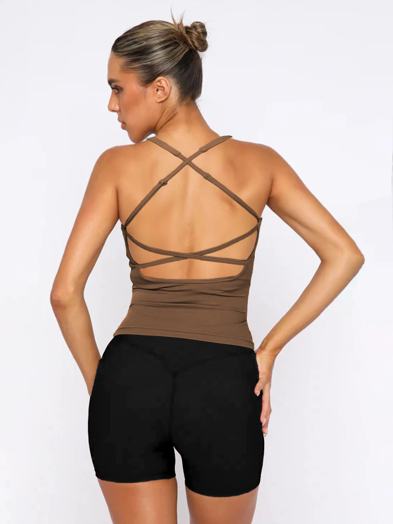 -style Women's  Fashion Elegant Slim-fit Square Collar Solid Color Large Backless Cross Shoulder Strap Yoga Vest Top display picture 40