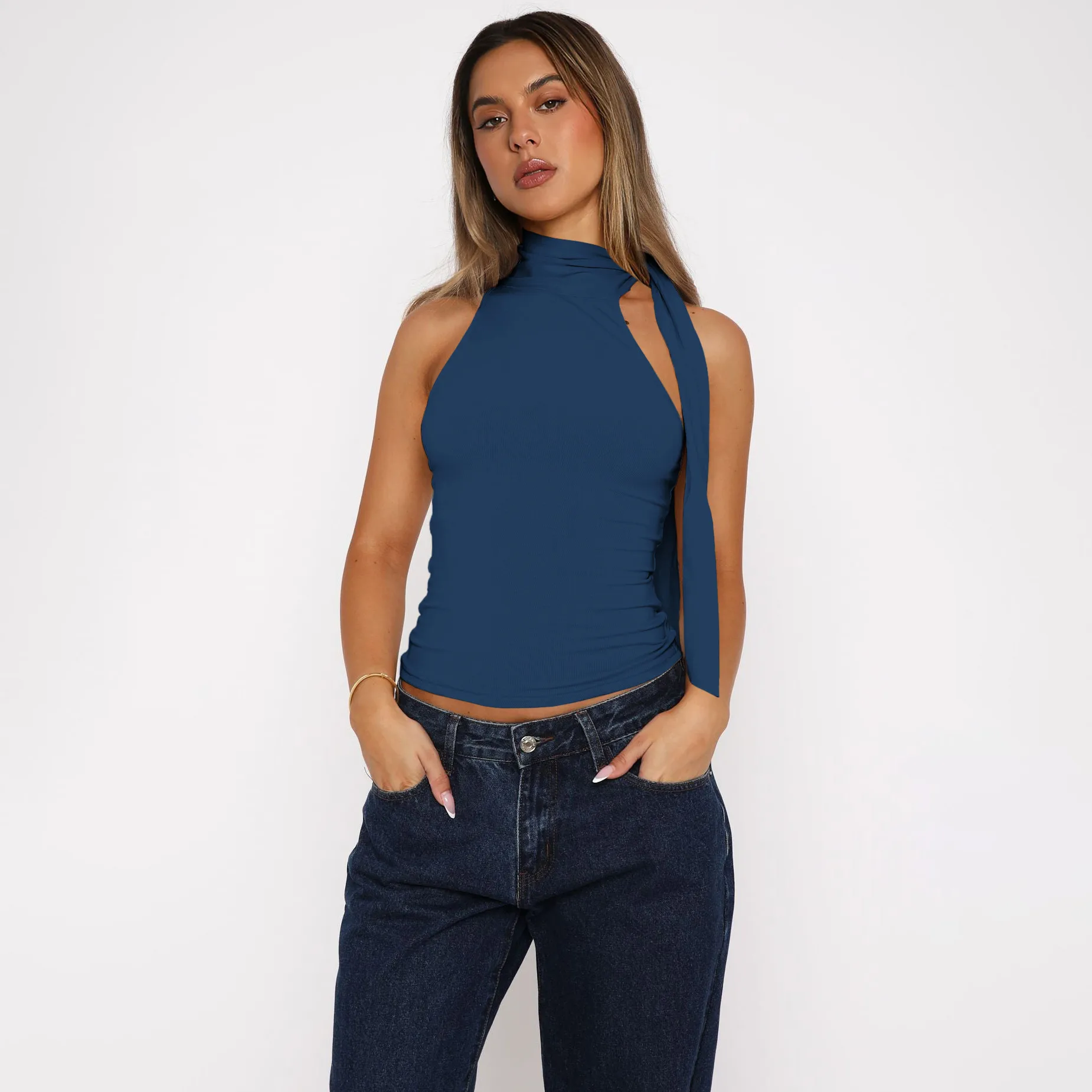 Style Personality Street Sexy Half Turtleneck Ribbon Comfortable Cold-Shoulder Elegant Elegant Vest For Women display picture 18