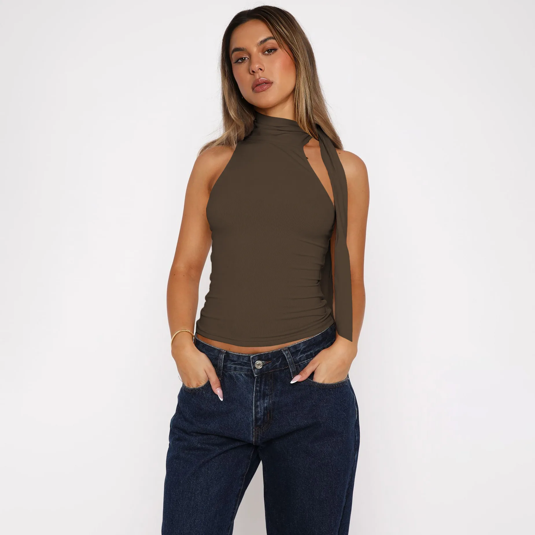 Style Personality Street Sexy Half Turtleneck Ribbon Comfortable Cold-Shoulder Elegant Elegant Vest For Women display picture 26