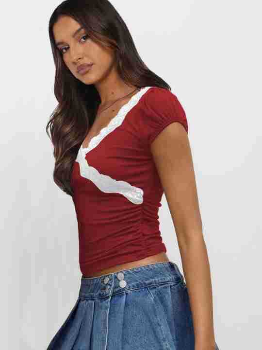 Summer  New Fashion Lace Stitching Color Contrast Shoulder Short-sleeved T-shirt Slim-fit V-neck Short Top display picture 9