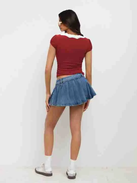 Summer  New Fashion Lace Stitching Color Contrast Shoulder Short-sleeved T-shirt Slim-fit V-neck Short Top display picture 11