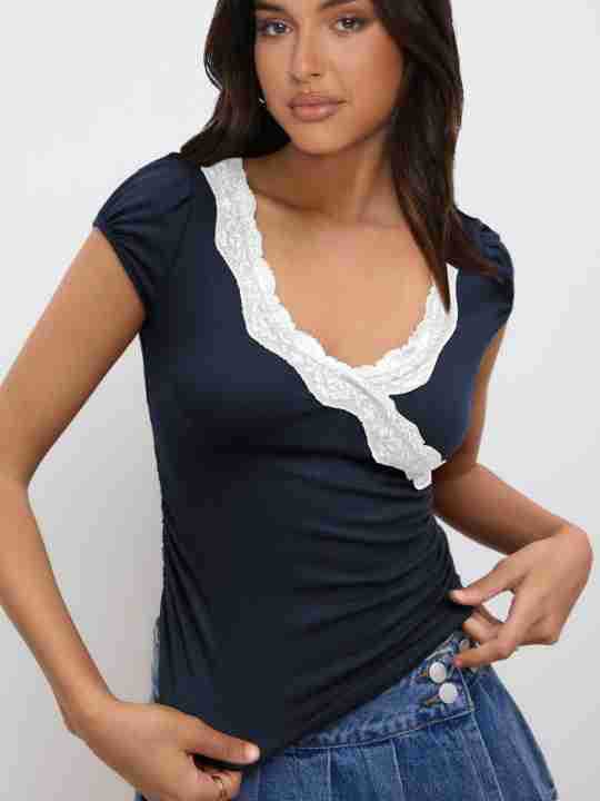 Summer  New Fashion Lace Stitching Color Contrast Shoulder Short-sleeved T-shirt Slim-fit V-neck Short Top display picture 12
