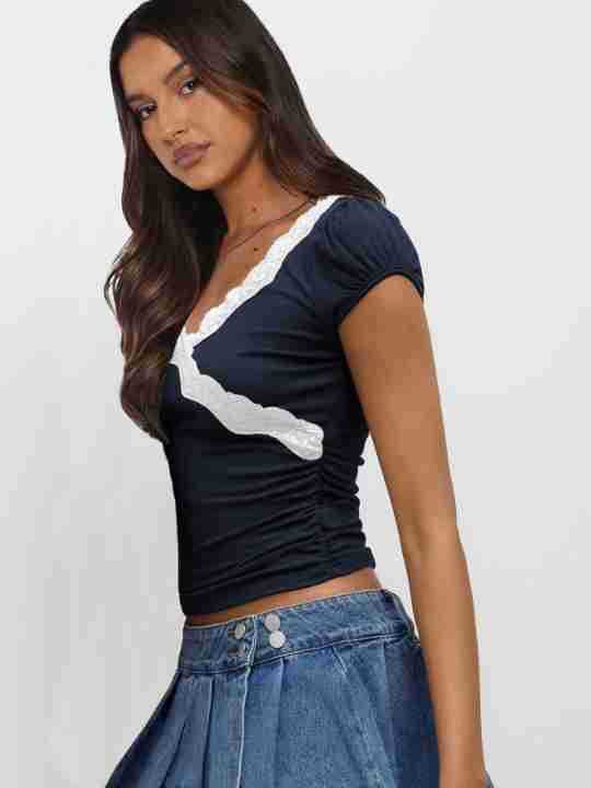 Summer  New Fashion Lace Stitching Color Contrast Shoulder Short-sleeved T-shirt Slim-fit V-neck Short Top display picture 13