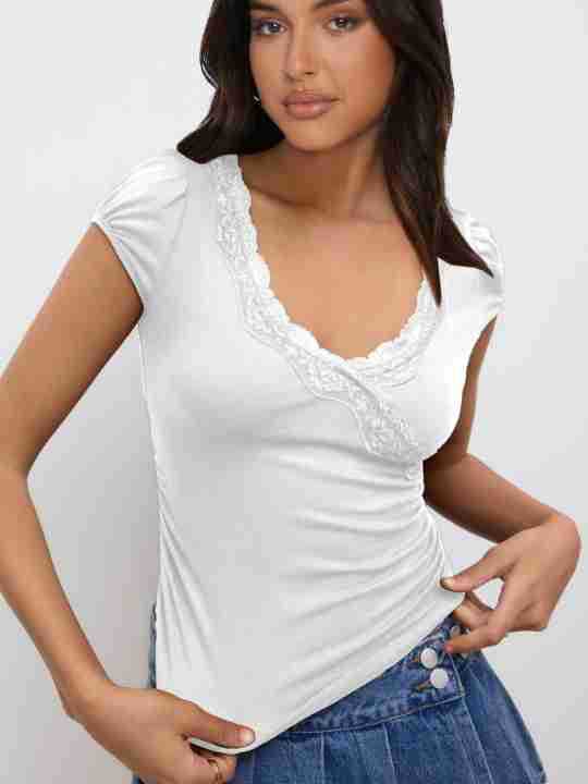 Summer  New Fashion Lace Stitching Color Contrast Shoulder Short-sleeved T-shirt Slim-fit V-neck Short Top display picture 17