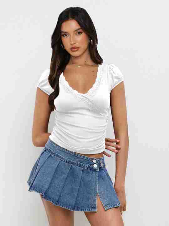 Summer  New Fashion Lace Stitching Color Contrast Shoulder Short-sleeved T-shirt Slim-fit V-neck Short Top display picture 18