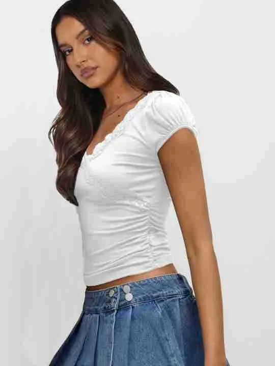Summer  New Fashion Lace Stitching Color Contrast Shoulder Short-sleeved T-shirt Slim-fit V-neck Short Top display picture 19