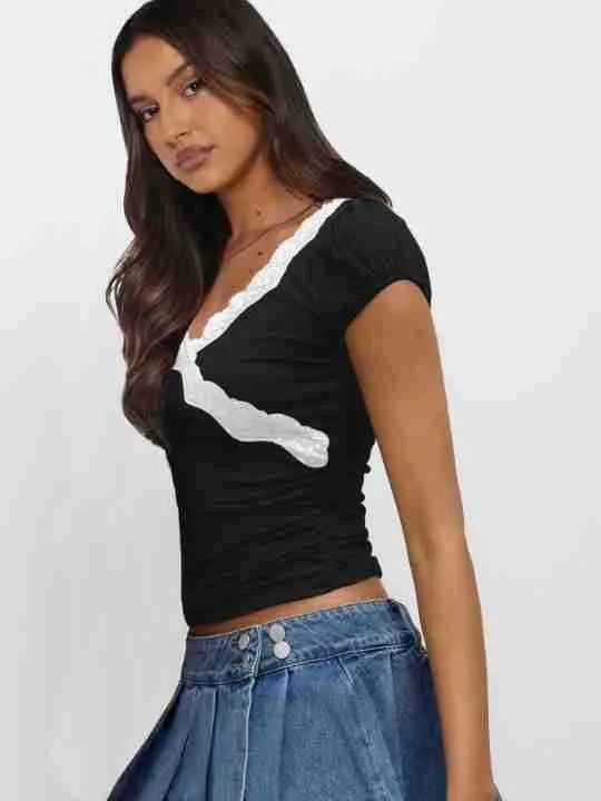 Summer  New Fashion Lace Stitching Color Contrast Shoulder Short-sleeved T-shirt Slim-fit V-neck Short Top display picture 24