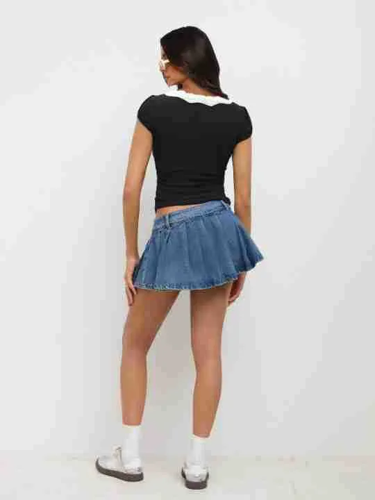 Summer  New Fashion Lace Stitching Color Contrast Shoulder Short-sleeved T-shirt Slim-fit V-neck Short Top display picture 26
