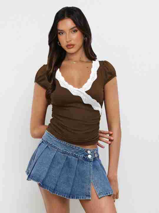 Summer  New Fashion Lace Stitching Color Contrast Shoulder Short-sleeved T-shirt Slim-fit V-neck Short Top display picture 27