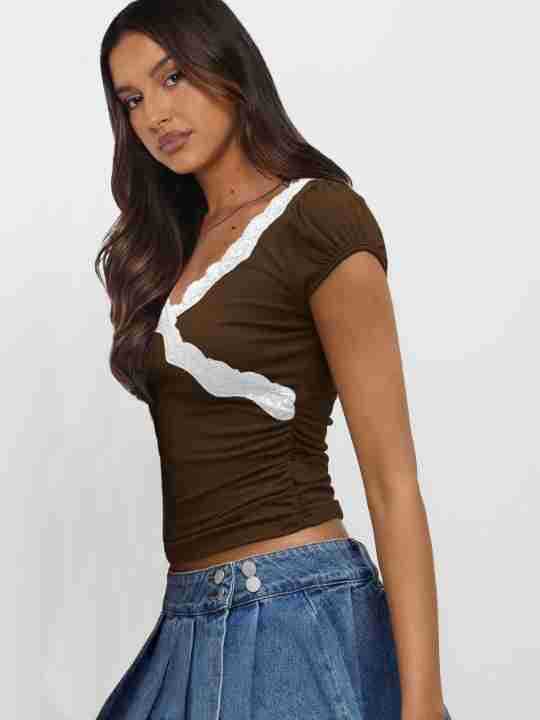 Summer  New Fashion Lace Stitching Color Contrast Shoulder Short-sleeved T-shirt Slim-fit V-neck Short Top display picture 29